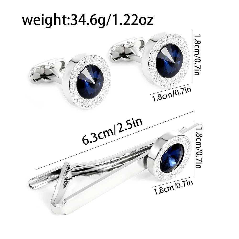 Texture Mens Blue Crystal Dustproof Round Cufflinks and Tie Clip Set Unique Whale Back Buckle Free ShippingT250412