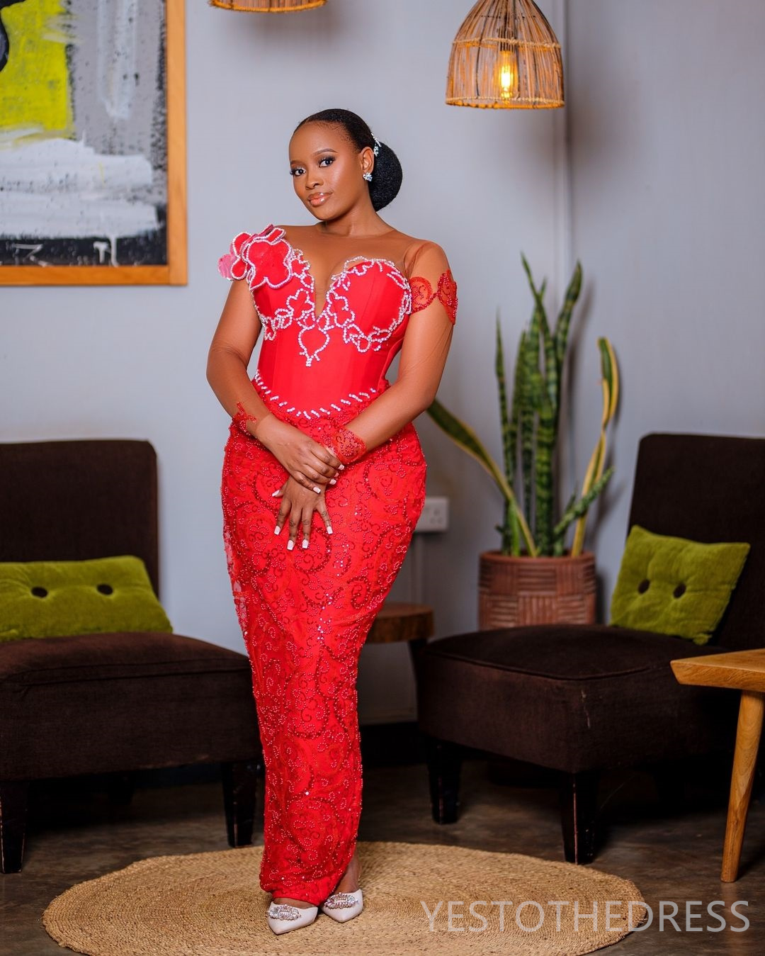 2025 Plus Size Red Prom Dress Mermaid Prom Dresses Evening Formal Gowns For Special Occasions Sheer Neck Beaded Lace Birthday Second Reception Gowns A
