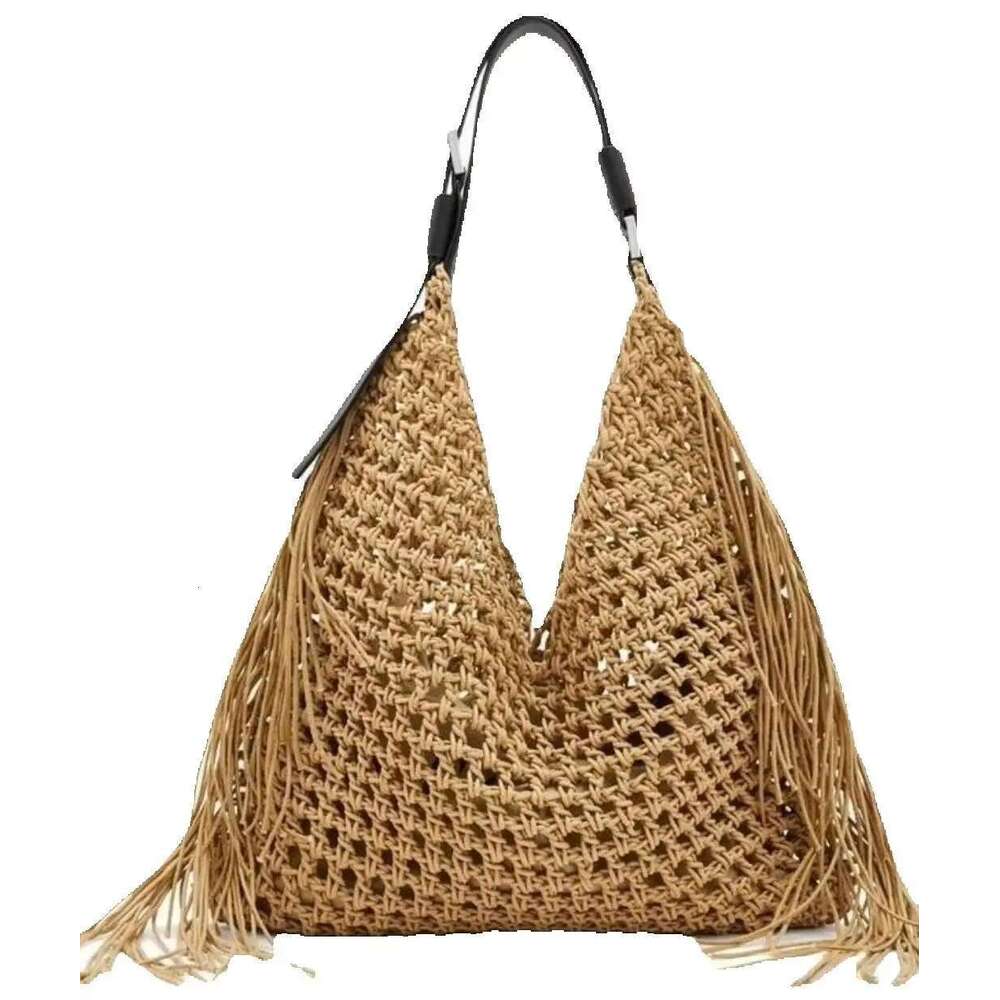 Natural Cotton Crochet Shoulder For Women - Large Capacity Handwoven Beach Bag With Tassels, Summer Fashion Shopper Tote