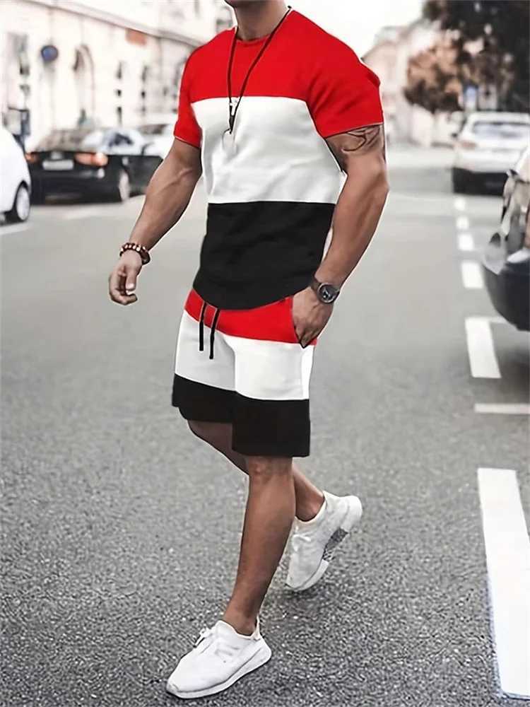 Summer mens fashion 2-piece set mens T-shirt shorts set casual patchwork printed sportswear super street shooting mens clothingXJ250412