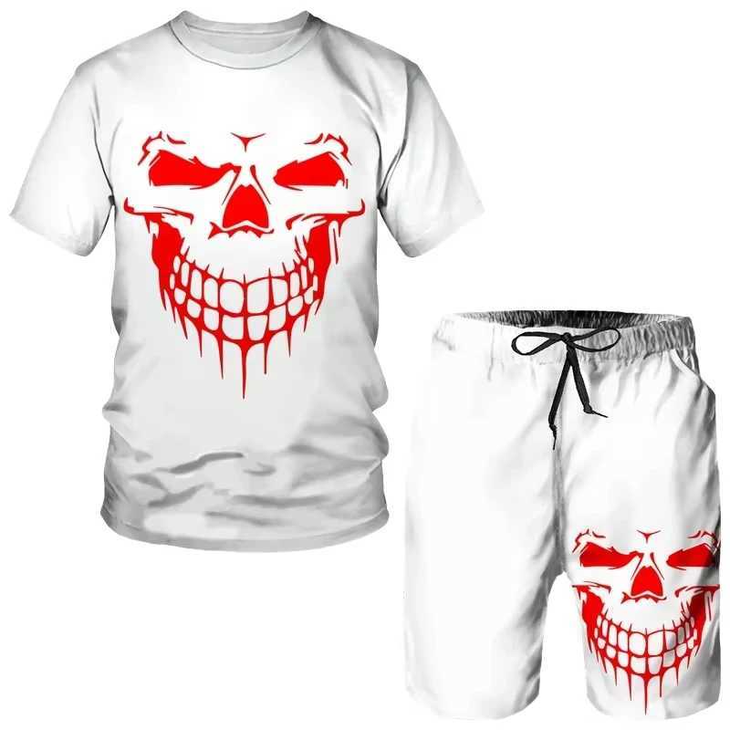 Skull 3D 2-piece mens printed 2025 summer short sleeved sportswear Gothic graphic top set mens lightweight and breathableXJ250412