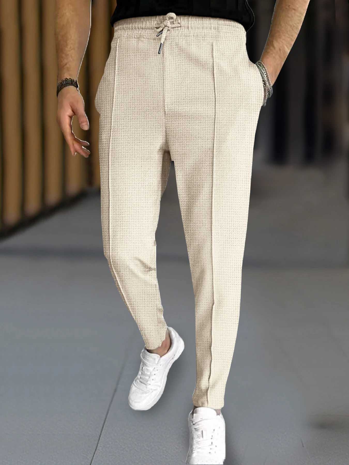 Mens fashionable waffle pants - casual sports slim fit adjustable drawstring all season safe pocket - perfect outdoor W250411