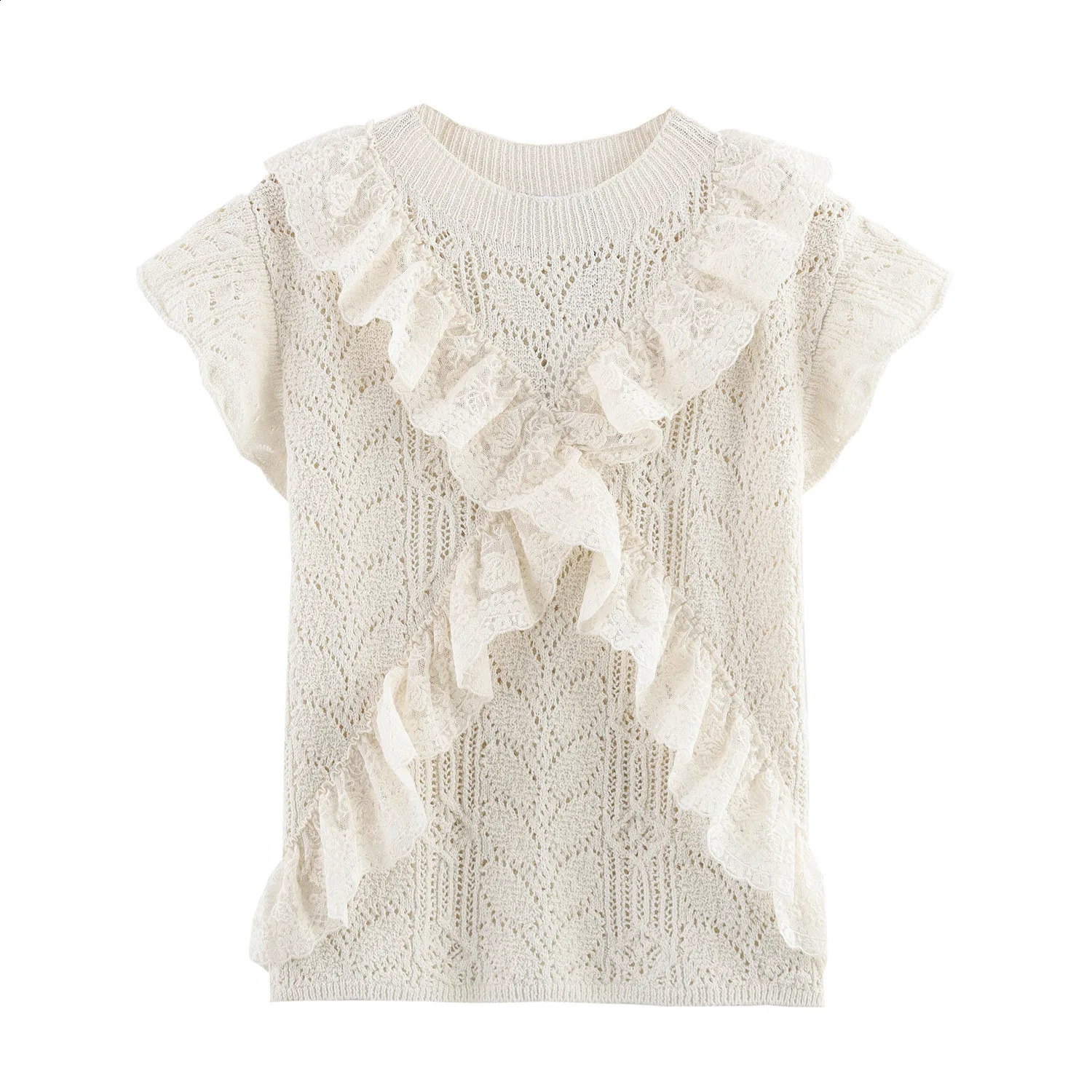 ZBZA Womens Hollow Hem Knitted Top Round Neck Short Sleeve Embroidery n Pullover Spring and Summer Casual Chic Sweater 250411