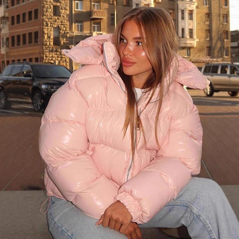CNLONGBIDA Women's Down Solid Color Shiny Hooded Cotton-Padded Jacket Y2K Aesthetic Puffer Coat Windproof & Waterproof Down Jacket Short Length f