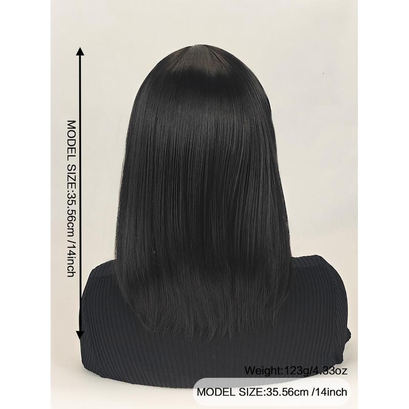 Medium-length straight hair fully hined 14 inches natural heat-resistant fiber high temperature silk dyeable and permable bangs synthetic wig Short Bo