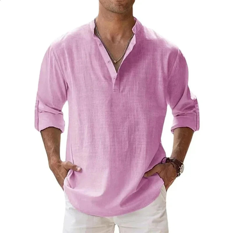 Streetwear Men Lightweight Shirts Long Sleeve Henley Cotton Linen Shirts for Men Beach Hawaiian Shirts Breathable Collar Tshirts 250411