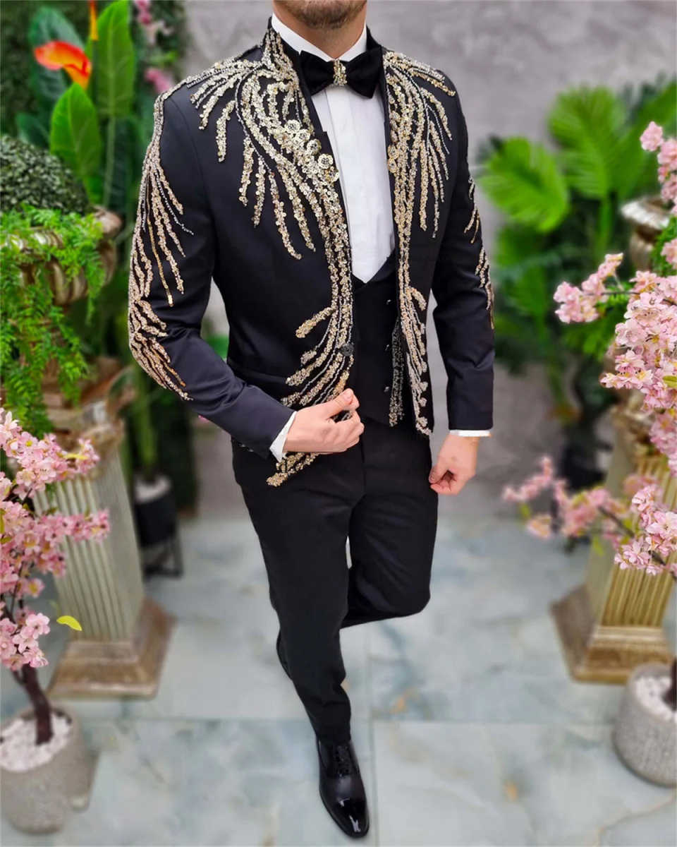 Sparkly Sequins Wedding Tuxedos 2 Piece Set Jacket Pants One Button Men Suit Trim Fit Groom Wear Evening Suits Customized