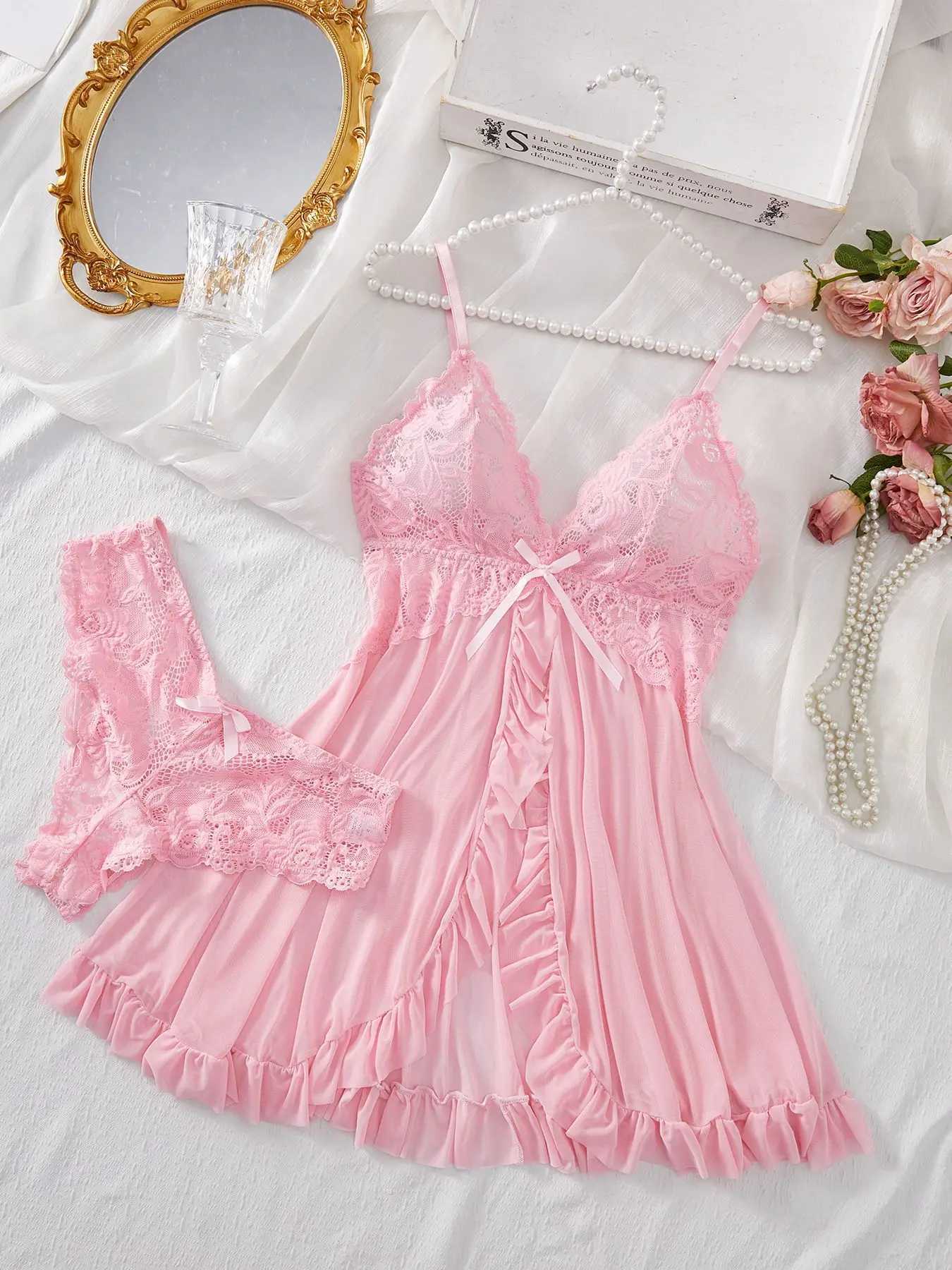 Sexy lingerie set womens erotic bra night gown sexy lace sleepwear pure thin soft dress V-neck full slip sleepwear and dress W250412