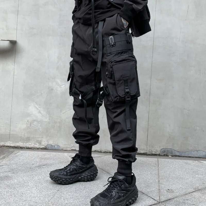 Multi-pockets Ribbons Bandage Tactical Techwear Cargo Pants Mens Haruku Punk Hip Hop Joggers Pantalons Casual Streetwear