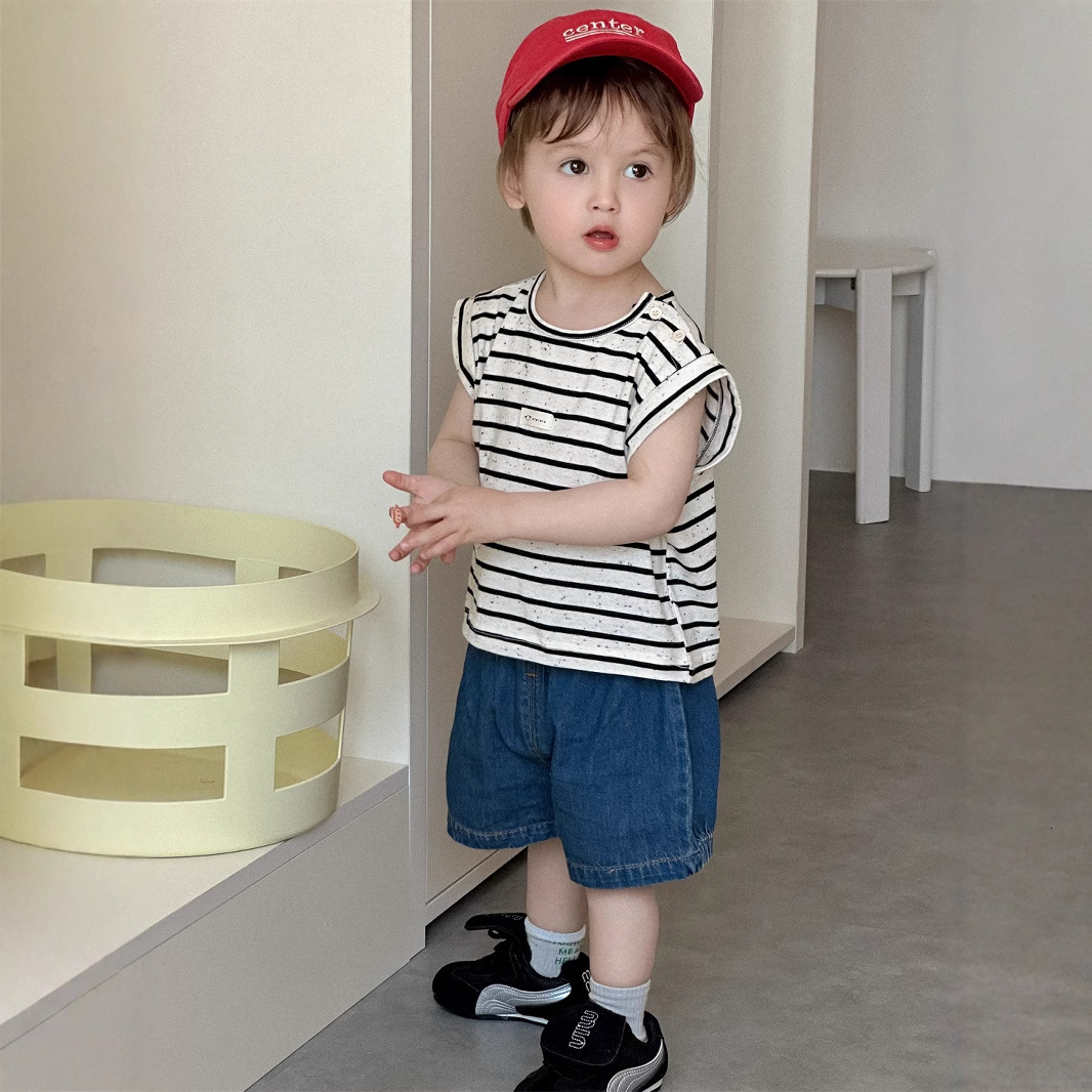 Ddmyshoesvip Boys Striped T Shirt Denim Shorts Set Thin Korean Version Baby Clothing Children S Summer Style