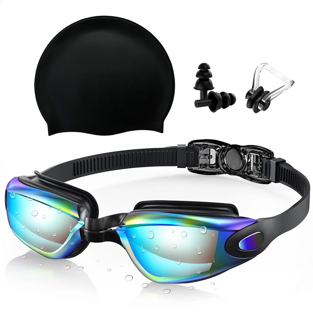 Swimming Goggles and Silicone Swim Cap sets with Nose Clip EarplugsWaterproof No Leaking Anti Fog UV Protection Safety Glasses 250411