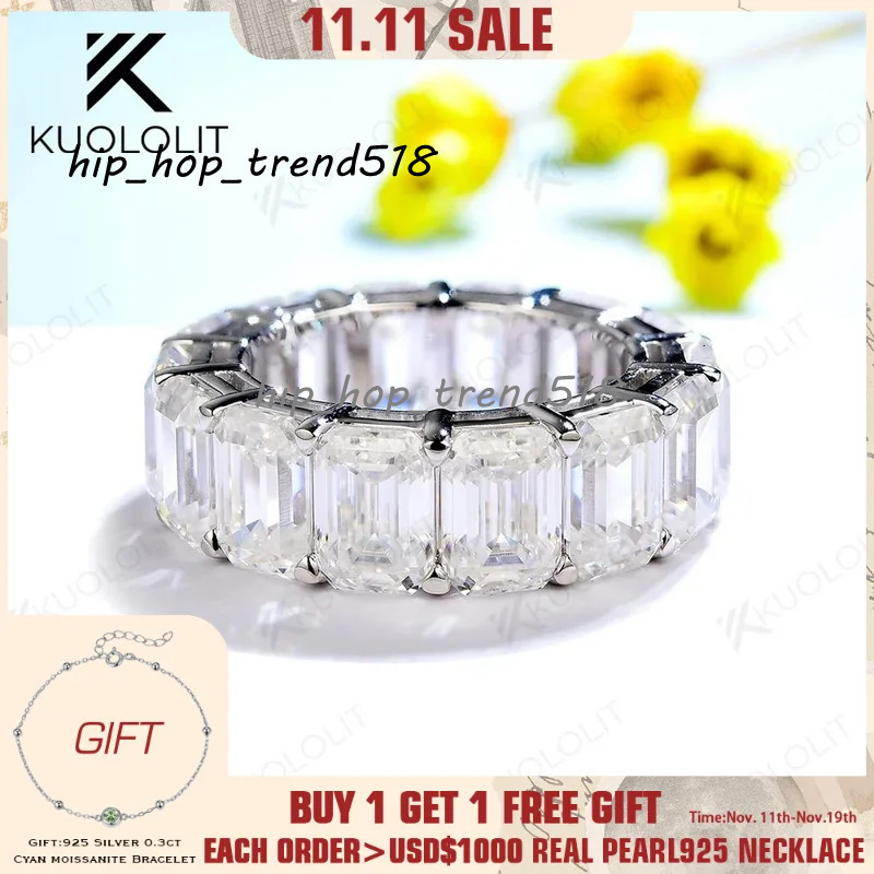 Kuololit 14CTW Emerald Cut Moissanite Ring for Women Solid 18K 14K 10K Gold Eternity Full Band for Engagement with Certification