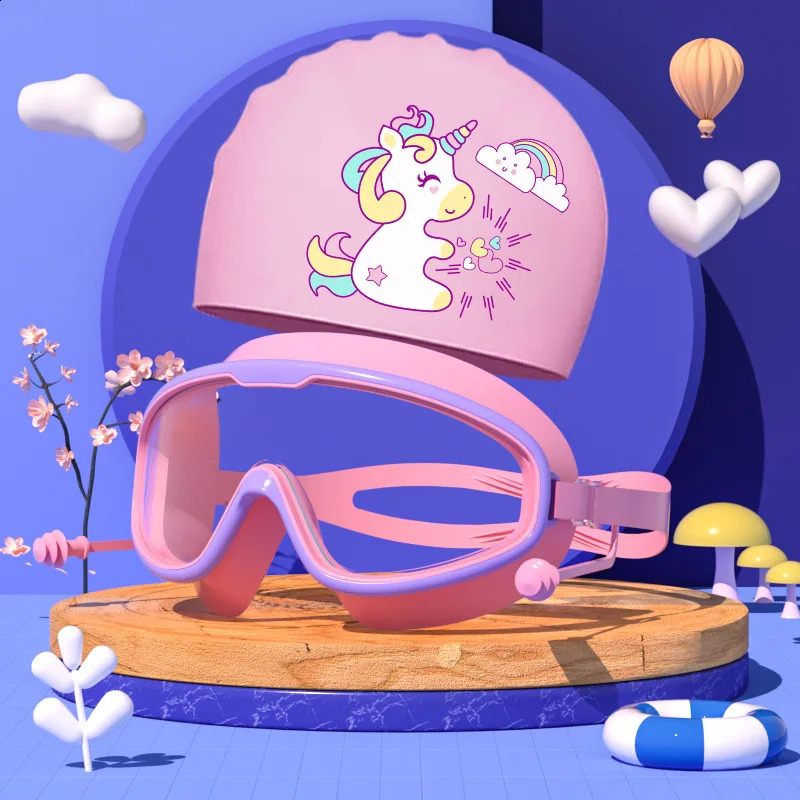 Swim Goggles And Caps Set Childrens Large Frame Goggles HD Waterproof Anti-fog Boys Girls Swimming Glasses Cartoon Bathing Cap 250411