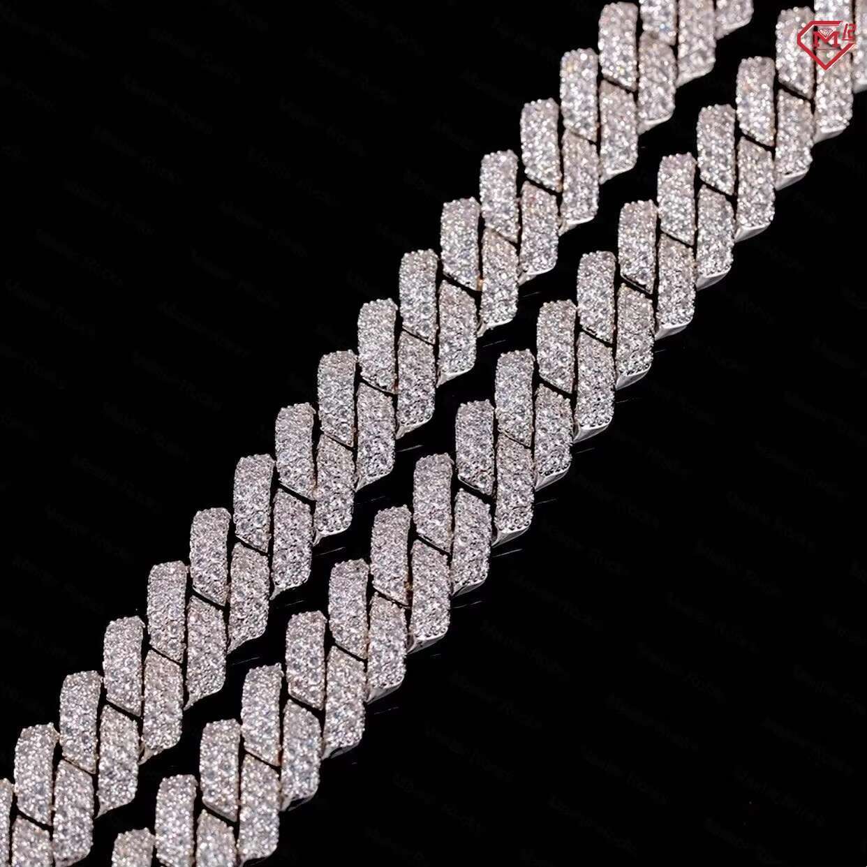 Factory 12mm Cuban Chain Hip Hop Iced Out Men Chains 2 Rows 925 Silver VVS Moissanite Cuban Chain