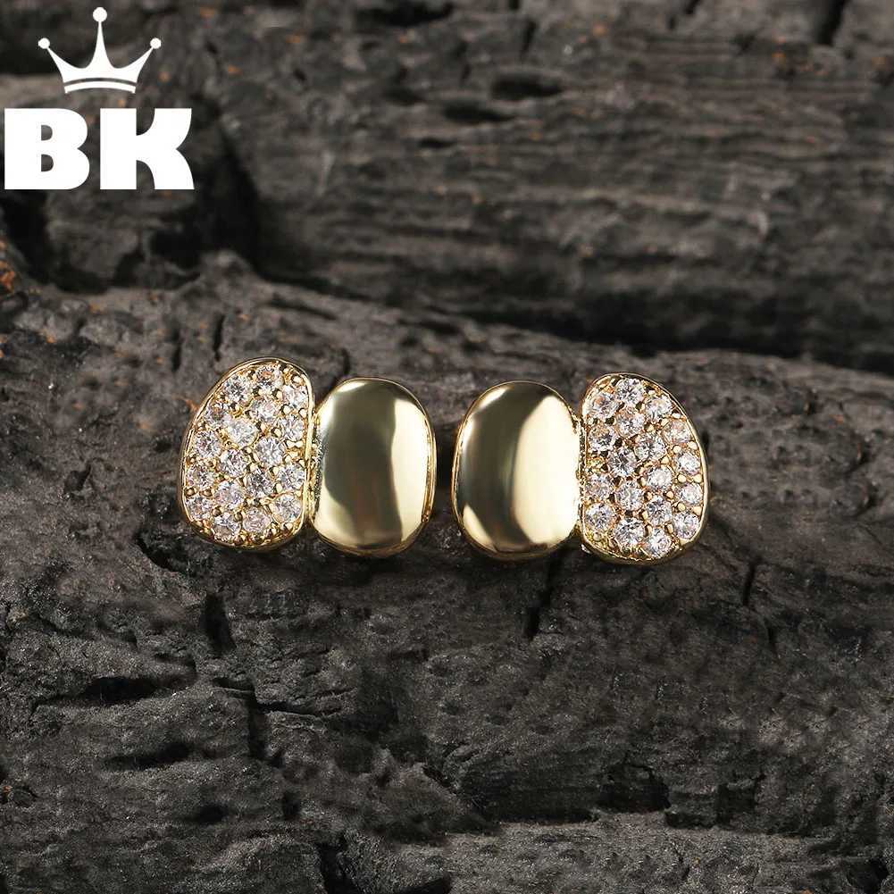 BLING KING Iced Out Double Hat Grillz Half CZ Design 14K Gold Plated Dental Grills Canine Regular Double Teeth Top or Bottom W250412
