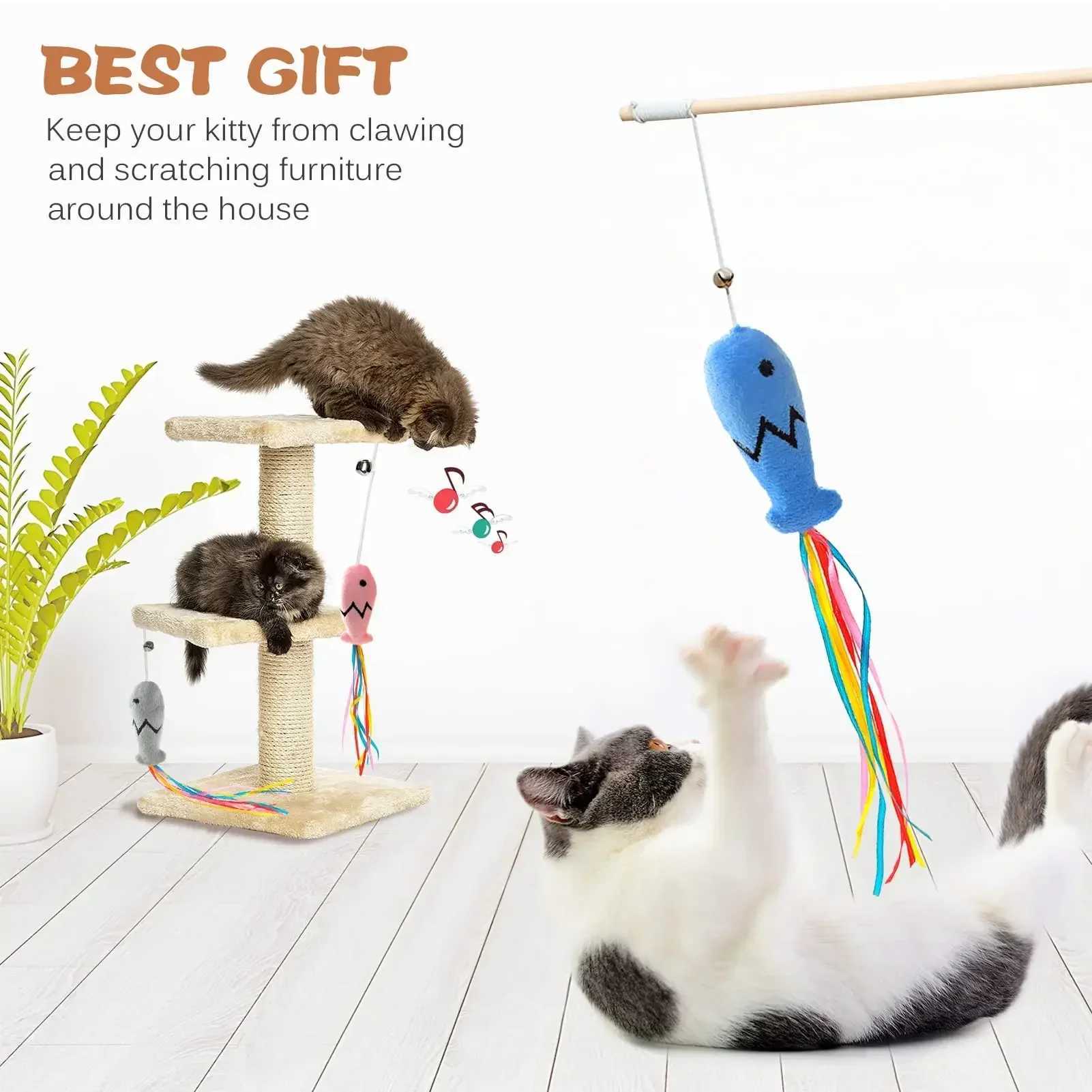 Fashionable cat stick toys natural wooden cat teasing sticks interactive elastic string cat stick toys Y250412