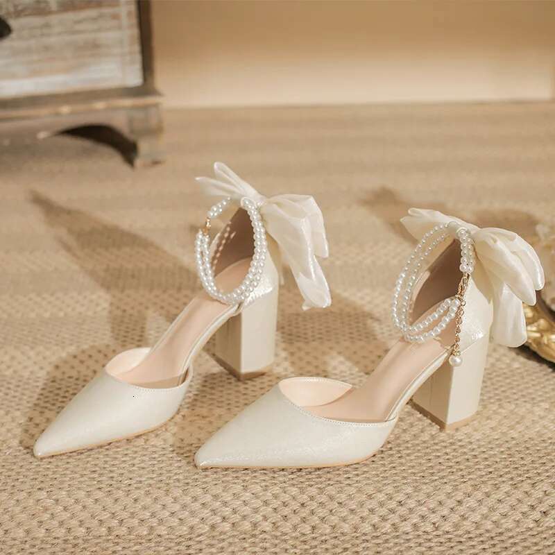Slimming Shoes Casual Heels Shallow Mouth Sandals Ladies Pointed Pumps Hollow 2025 All-Match Comfortable Beige African Bow Toe S