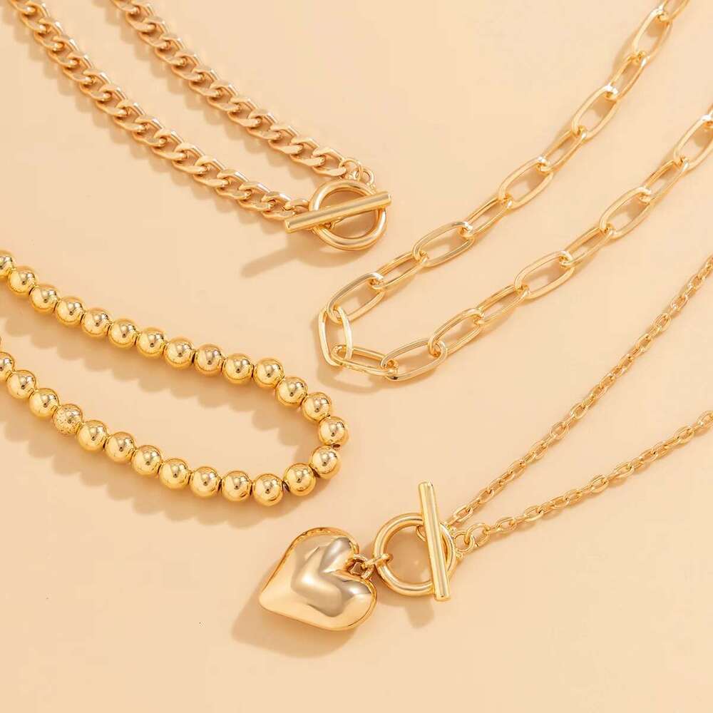 Punk Gold Color Heart Pendant Necklace for Women 2024 Trendy OT Buckle Beaded Neck Chain Choker Y2K Jewelry Accessories