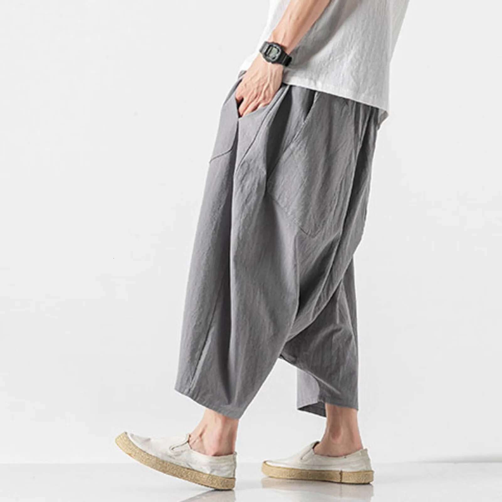 Mens Overalls Cotton Shorts Wide Leg Knee Length Men Casual Stretch Garment Parachute Pants Haruku Streetwear Y2k