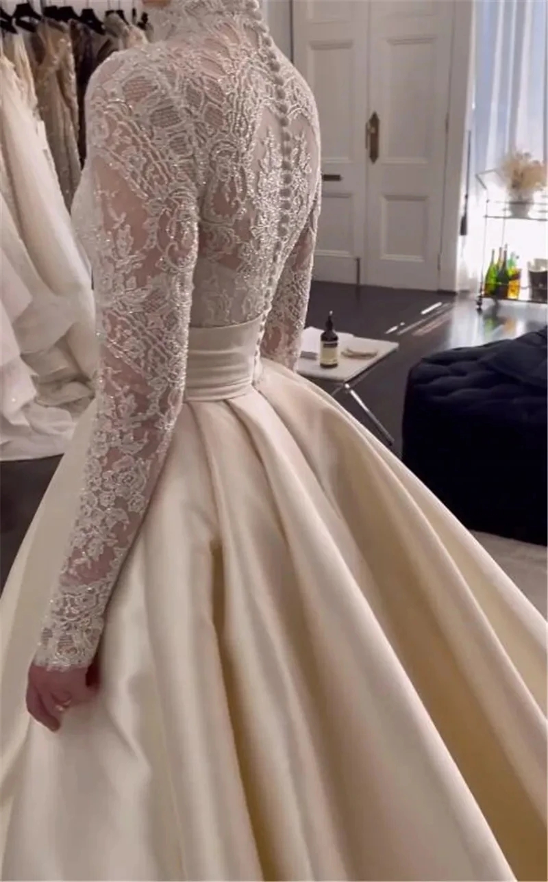 2026 Elegant A Line Lace Wedding Dresses High Neck Long Sleeves Button Back Train Bridal Bride Party Gowns Vestidos De Noiva
