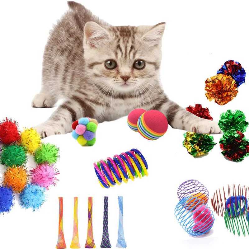 20 Interactive Cat Toys Random Color Set Indoor Cat Interactive Toys Wrinkle Ball Flash Ball Spiral Spring Spring Tube Y250412