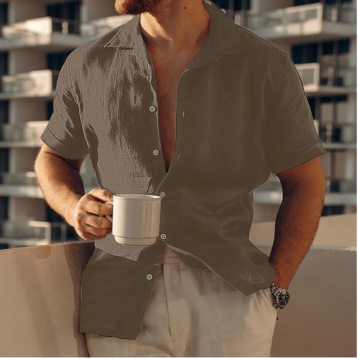 Mens Summer Beach Shirt Short Sleeve Linen Button Solid Color Casual Single-breasted Shirt Plain Color Lapel Casual 250411