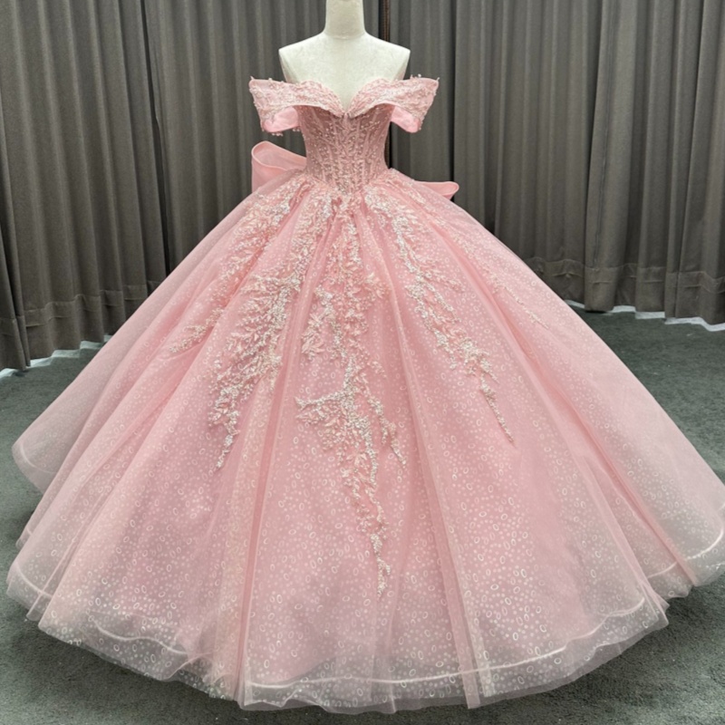 Pink Shiny Princess Quinceanera Dresses Off Shoulder Applique Beading Crystal Bow Tull Corset Sweet 16 Dress Ball Gown Vestidos 15 De Anos