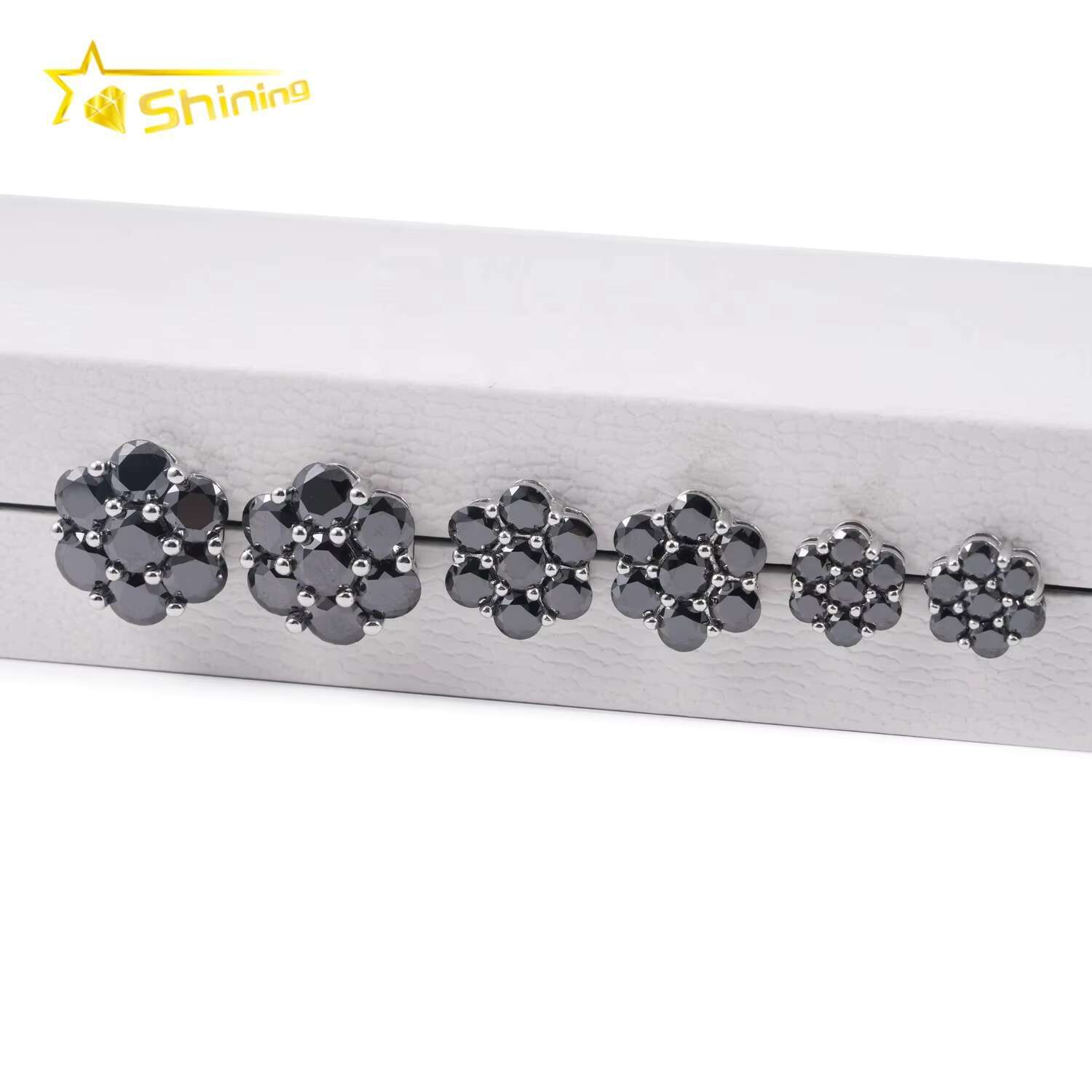 Hot Sale Fine Jewelry Black Diamond Hip Hop Iced Out 925 Sterling Silver Flower Moissanite Earrings