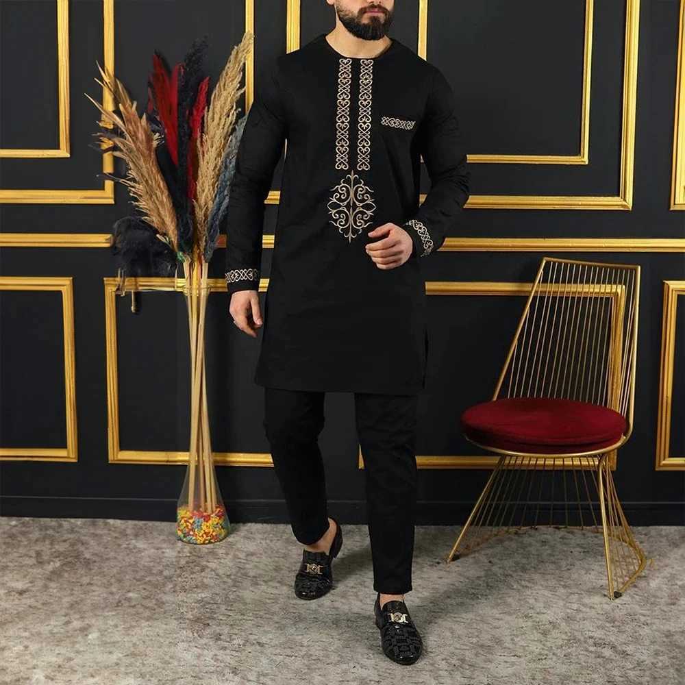 2025 mens elegant long sleeved suit shirt pants 2-piece round neck splicing solid color party long sleeved African ethnic styleXJ250412