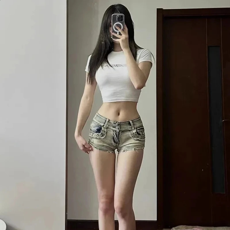 Skinny Denim Shorts Women High Street Y2k Clothes Low-Rise Trousers Sexy Vintage sweet European Fashion Hip-wrapped Summer 250409