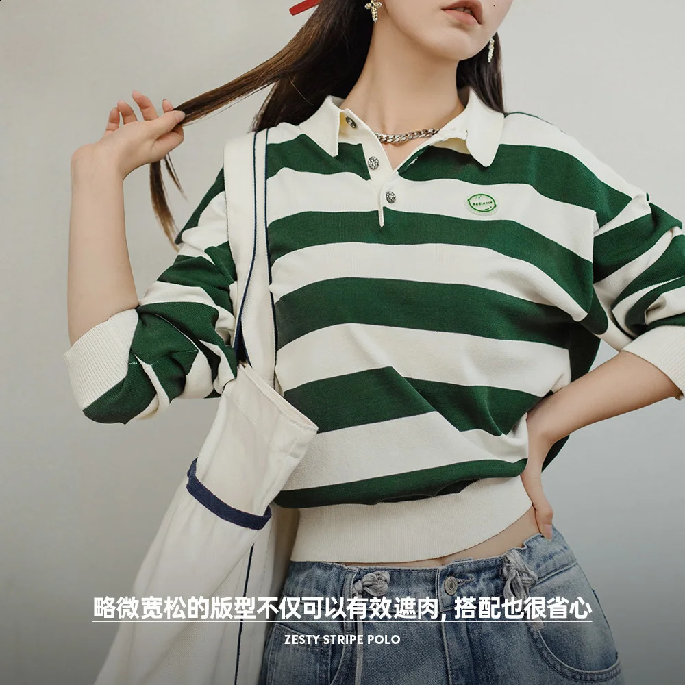 Maden Retro Classic White and Green Color Blocking Striped Polo Shirt for Women Autumn Long-sleeved T-shirt Loose Casual Tops 250411