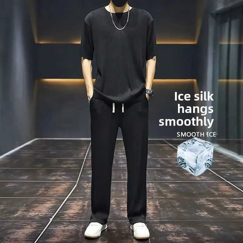 Mens ice silk set casual short sleeved T-shirt 2-piece set summer 2024 new sports shirtXJ250412