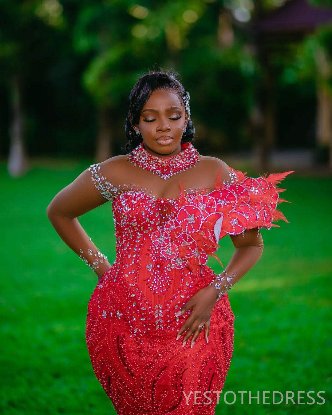 2025 Plus Size Red Prom Dress Mermaid Prom Dresses Evening Formal Gowns For Special Occasions High Neck Beaded Lace Birthday Second Reception Gowns AM
