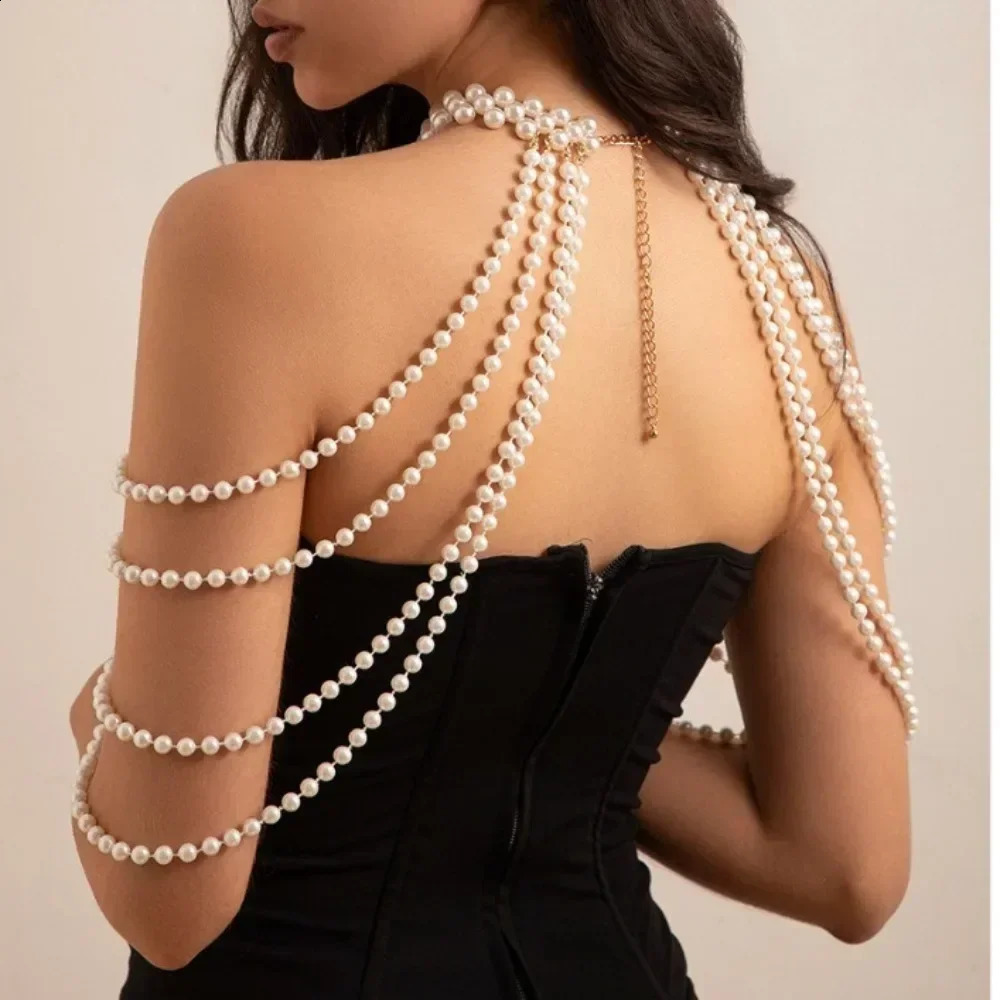 Sexy Imitation Pearl Body Chain for Women Big Necklaces Shawl Female Beaded Collar Shoulder Sweater Long Chain Bridal Jewelry 250407