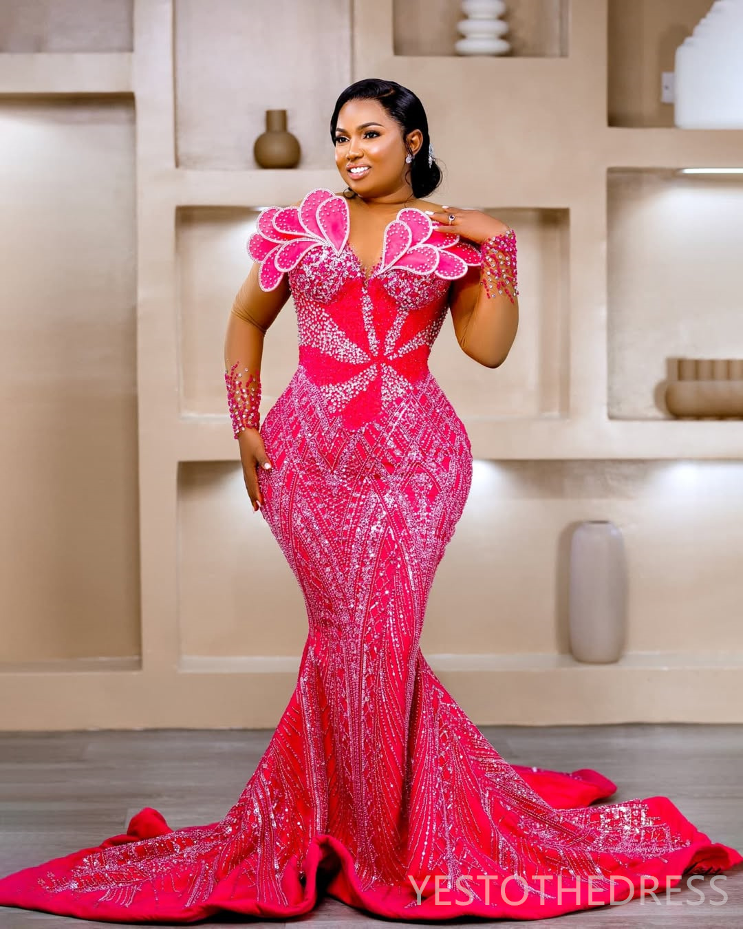 2025 Plus Size Fuchsia Prom Dress Mermaid Prom Dresses Evening Formal Gowns For Special Occasions Sheer Neck Beaded Lace Birthday Second Reception Gow