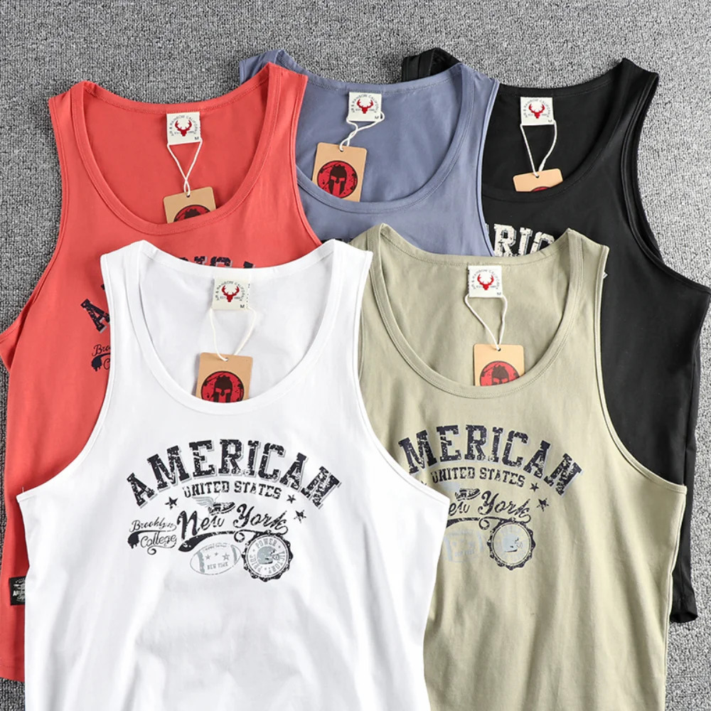 Retro trend letter pattern mens sweat vest all cotton wash fitness sports sleeveless vest T-shirt 250407