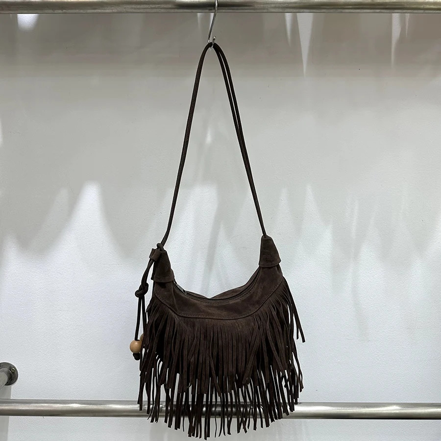Retro Suede Velvet Tassel Single-Shoulder Crossbody Bags For Women Boho Style Fringe Solid Handbags For Outdoor Travel 251110