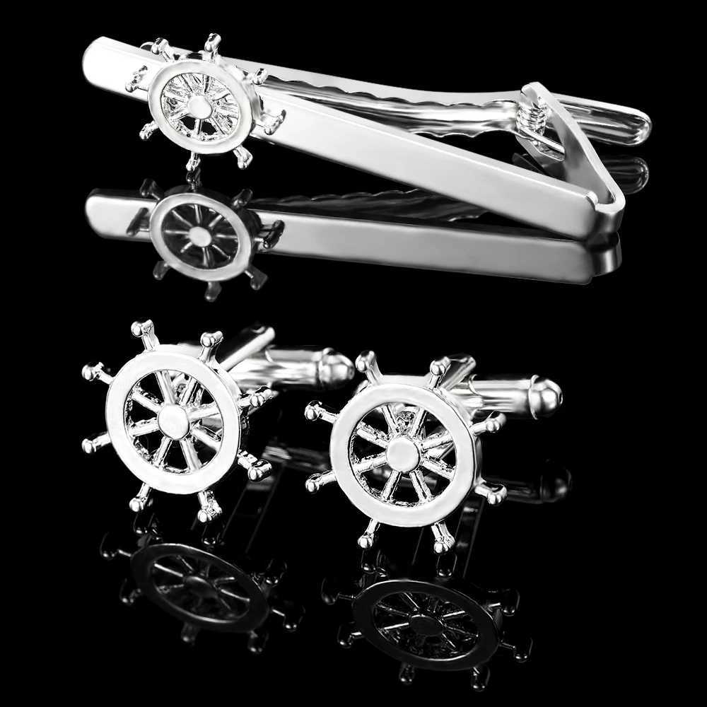 Ship folding cufflinks and tie clip set steering direction cufflinks mens jewelry accessories holiday giftsT250412