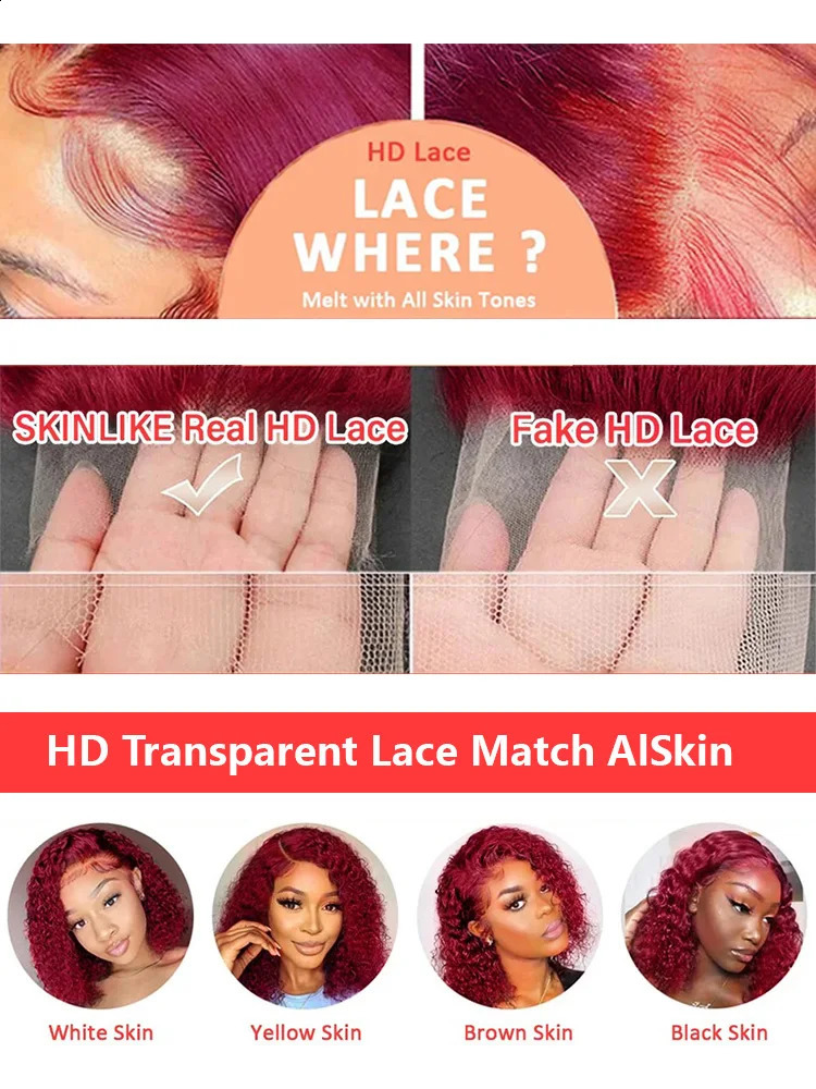 250 Density 13x4 Curly 99J Burgundy Lace Front Wig Red Wine Colored 30 40 Inch Deep Wave 13x6 HD Lace Frontal Human Hair Wigs 250409