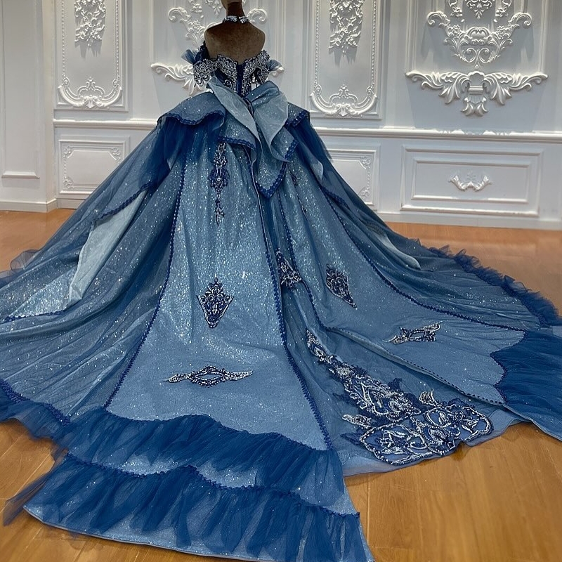 Sea Blue Shiny Quinceanera Dresses Off The Shoulder Applique Lace Beading Crystal Bow Tull Party Birthday Sweet 16 Dress Vestidos 15 De Anos