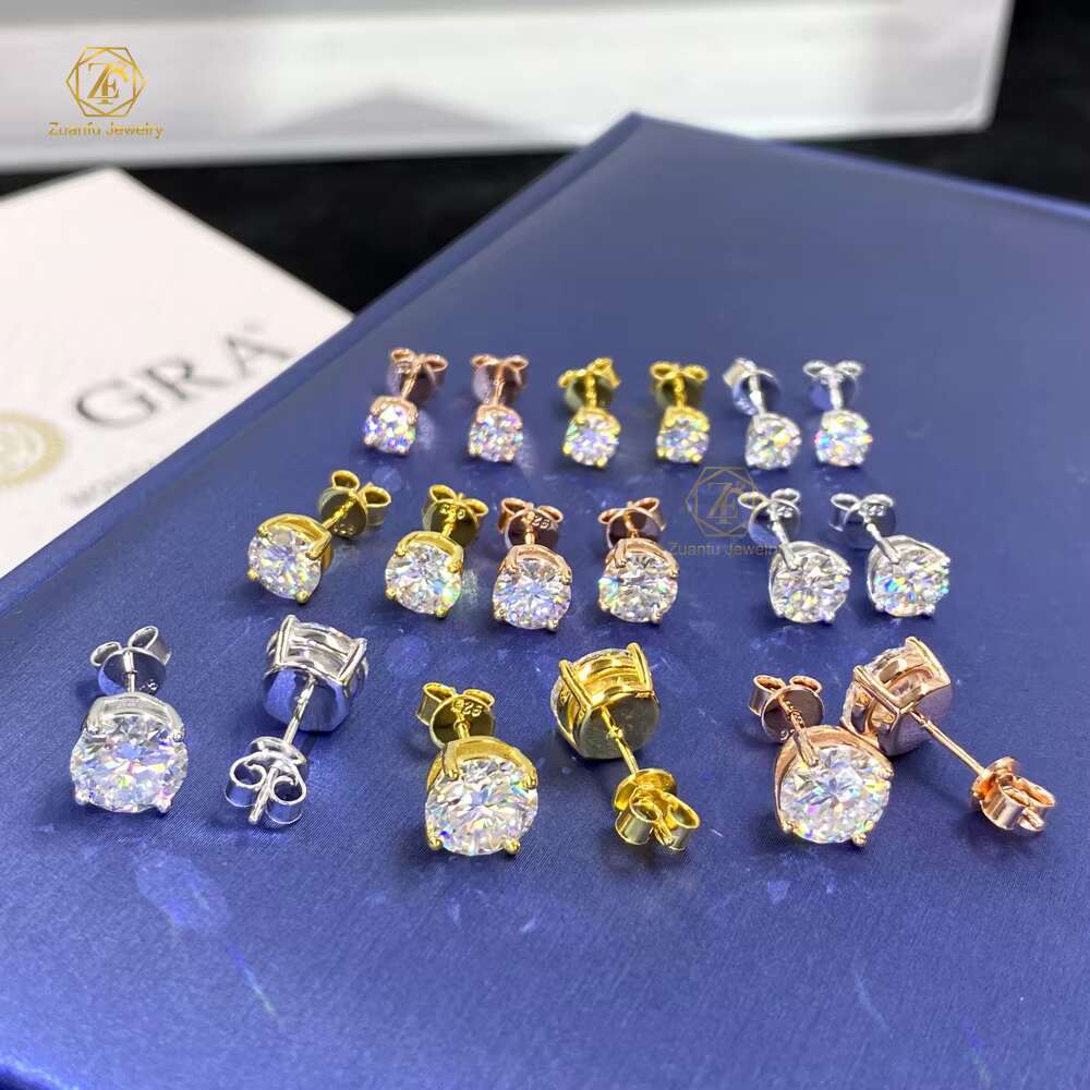 Wholesale Fine Jewelry 925 Sterling Silver Earrings Round Brilliant Cut 0.5-2CT VVS Pass Diamond Test Moissanite Stud Earrings