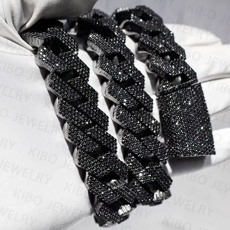 Fashion Jewelry Iced Out 18mm 20mm Black Plated 2 Rows Top Quality Sterling Silver Black Moissanite Cuban Link Chain