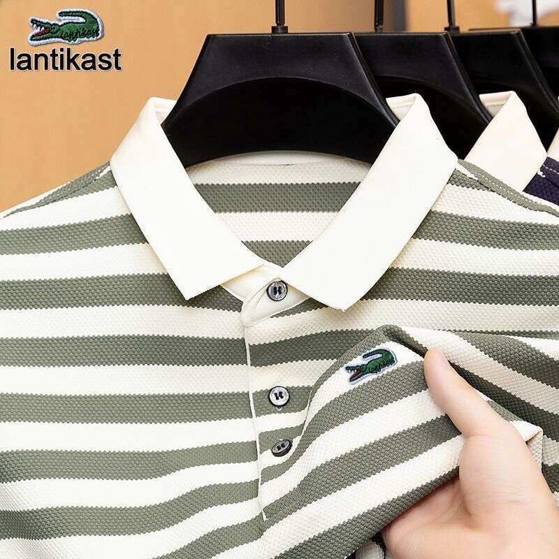 Noble Crocodile Polo Shirt Men's Summer Short Sleeve Striped Turn-down Collar Designer Handbag T-shirt Breathable Korean Style Top Youthful