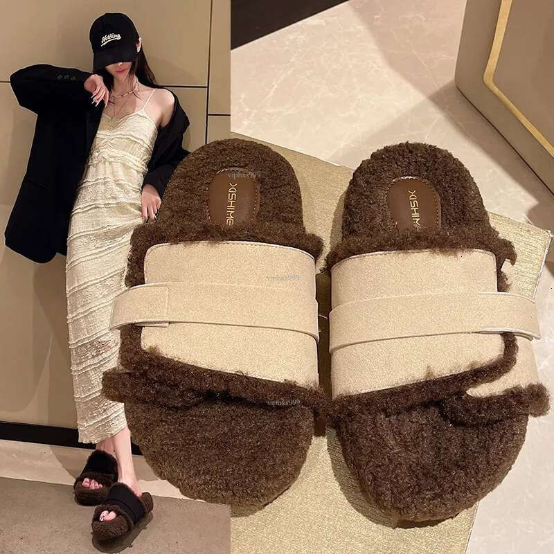 Korean Version Of Female Autumn And Winter Wear Wool Slippers 2025 Network Red New Designer Shoes Non-slip Thick Sole Wool Straight Cotton Outdoor Mop