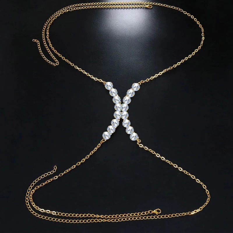 Stonefans chest brass chain womens underwear rhinestone body chain lingerie bikini carnival party 250408