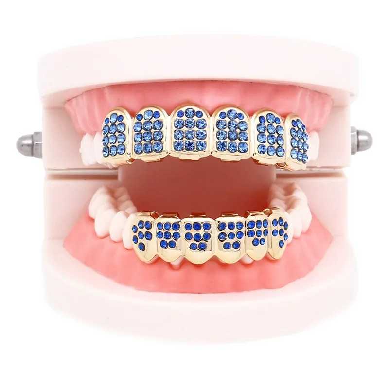 Hip Hop All Ice CZ Stone Teeth Grillz Hat Cube Zircon Micro Lay Top and Bottom Charm Grillz SetXJ250412