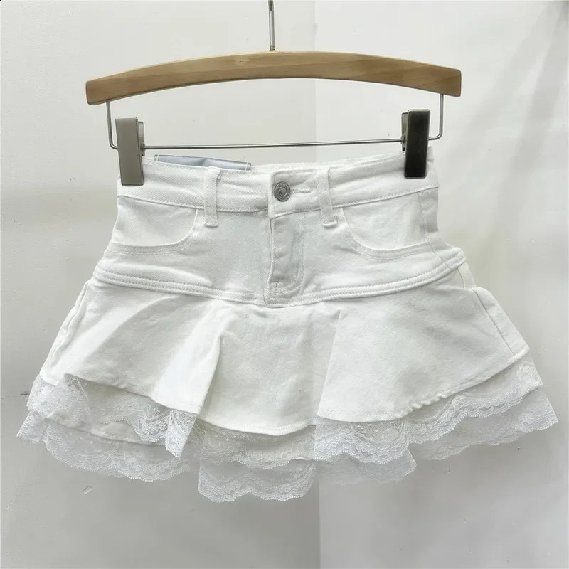 Elastic Lace Trim Denim Mini Skirt Womens A- Line Flared Cake Skirt High Waist Trendy Short Pants Autumn Collection 250407