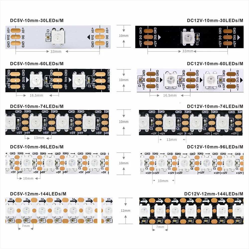 DC5V/12V WS2812B addressable LED strip 5050 RGB LED strip WS2812 smart LED light black/ white PCB waterproof IP30/IP65/IP67 W251112
