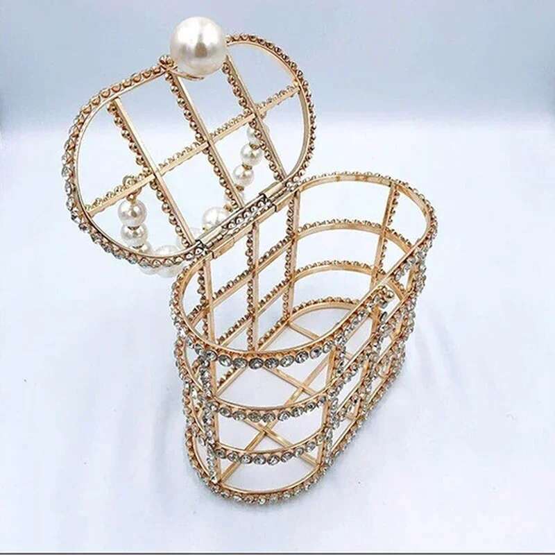 Dias Basket Evening Clutch Bags Women 2023 Hollow Out Preal Beaded Metallic Cage Handbags Ladies Wedding Party Purse