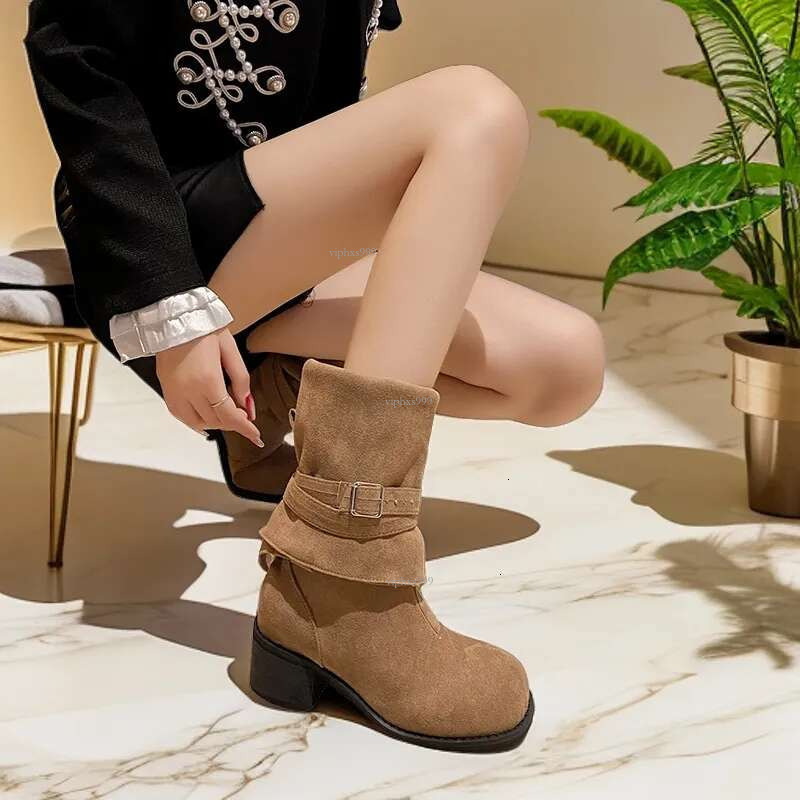 New Free Shipping Designer Shoes Long Leg Knight Women's Spring And Autumn New Style Thick Heel Western Cowboy Boots High Leg Slimming Pleated Pi